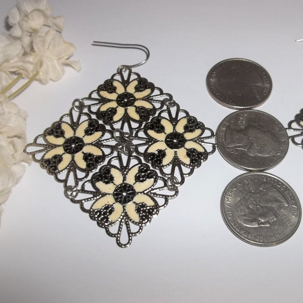 Statement Earrings Silver and Yellow Flower Floral Boho Style Jewelry Drop A340 - Picture 3 of 7